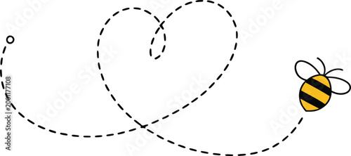 Single cartoon bee flying along a dashed heart shaped flight path starting from a small circle for romantic greeting card and spring decorative
