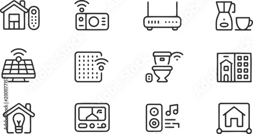 Smart home automation featuring connected devices and modern household technology in a minimalist black and white line style for digital systems