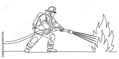 Continuous single line drawing of a brave firefighter putting out a dangerous fire with a water hose in a heroic action pose Vector, illustration