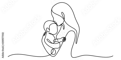 Continuous single line drawing of a mother holding her baby closely with love and care in a minimalist artistic style for family and motherhood concepts Vector, illustration