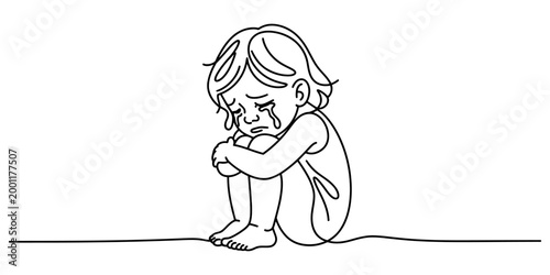 Sad little girl crying and sitting alone in a simple black and white line art drawing style representing childhood loneliness and emotional distress Vector, illustration
