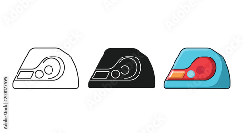 A set of vector graphic illustrations displaying a stylized representation of a car taillight in outline, solid black, and colored versions.