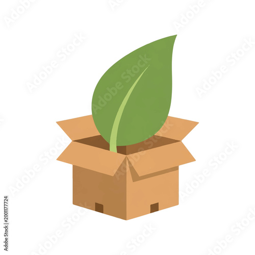 A minimalist flat illustration of an open cardboard shipping box with a large green leaf emerging from inside, symbolizing compostable and biodegradable packaging solutions, limited earth tone