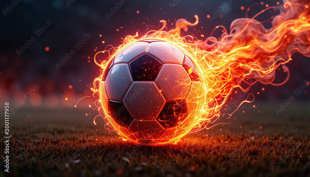 Fototapeta premium Flaming Soccer Ball with Neon Glow on Dark Field and 3D Render Sports Energy Concept