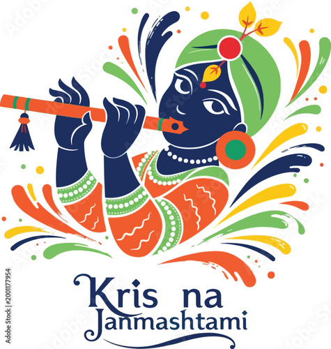 joyful krishna playing flute during janmashtami festival celebration flat design