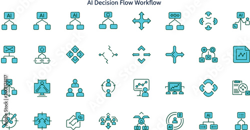 Artificial intelligence decision flow workflow outline icon set illustrating automated decision tree logic processing analytics routing stages minimal vector collection