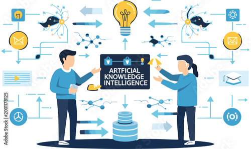 Artificial intelligence knowledge exchange concept with business professionals sharing data workflows analytics automation and machine learning systems vector illustration