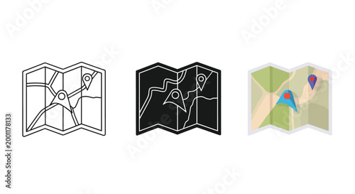 A set of three vector graphic illustrations depicting a folded map with location pins, representing different styles of cartographic design