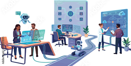 Artificial intelligence powered smart office teamwork with robots supporting business analytics dashboards automation workflow and digital collaboration vector illustration
