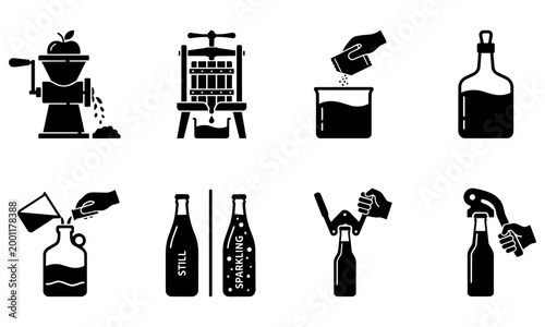 black and white illustrations of wine and beer production process and drinks  various icons