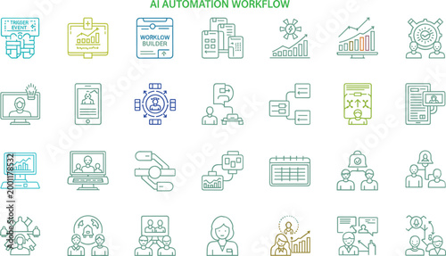 AI automation workflow icons set with business process analytics robotics and digital transformation symbols flat vector illustration