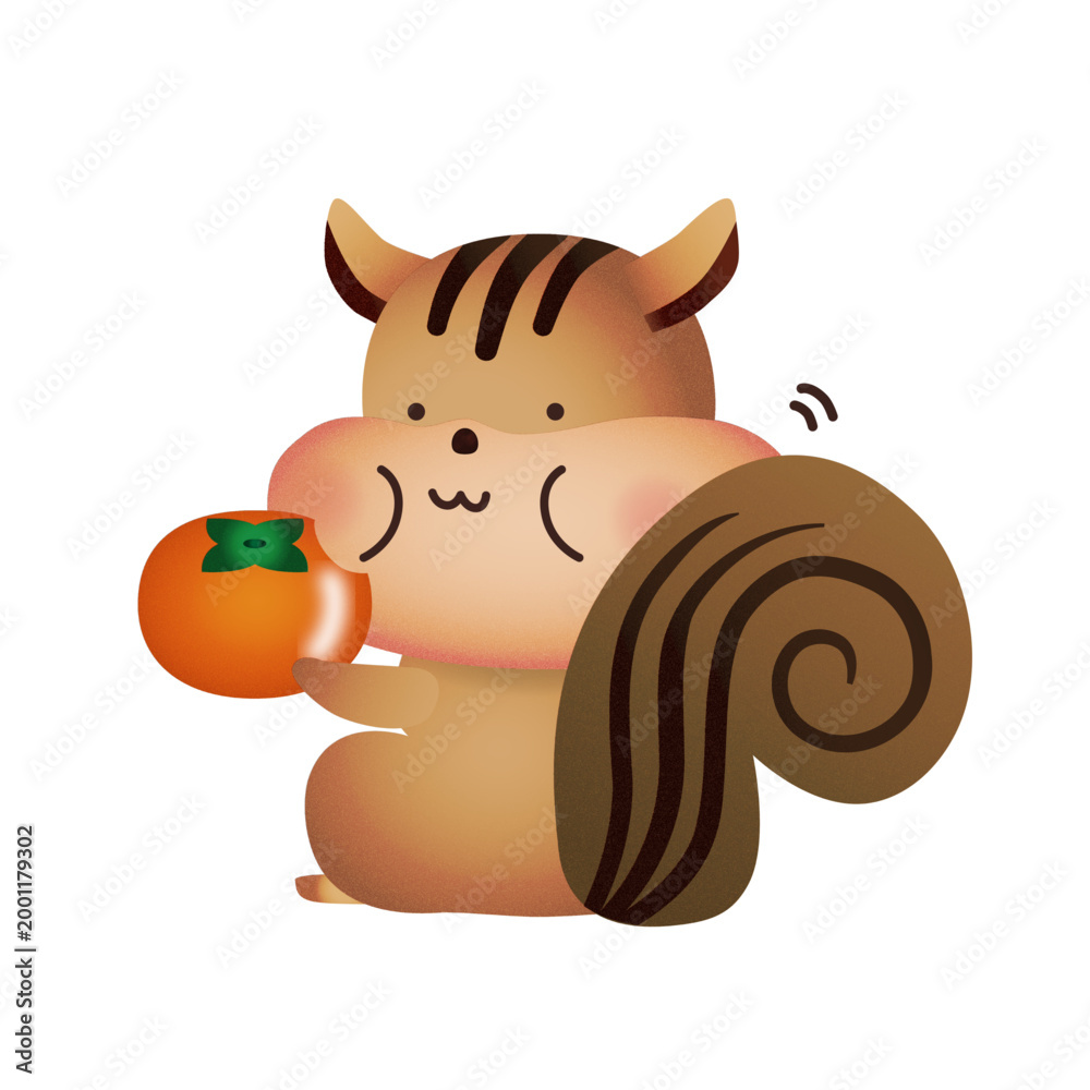 Naklejka premium Squirrel enjoying persimmon fruit, cute autumn animal character illustration vector