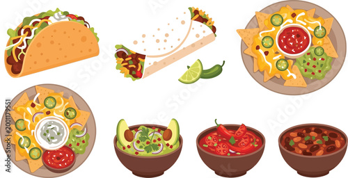 Mexican tacos and chili con carne flat illustrations Vector