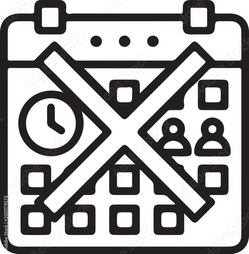 Calendar with clock and people crossed out, concept of scheduling and cancellation.
