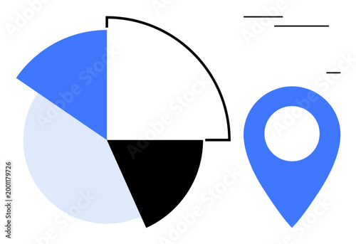 Data analysis, geolocation, business analytics, statistical reports, infographic design, mapping ideas. A blue pie chart next to a map pointer. Data analysis and geolocation concept
