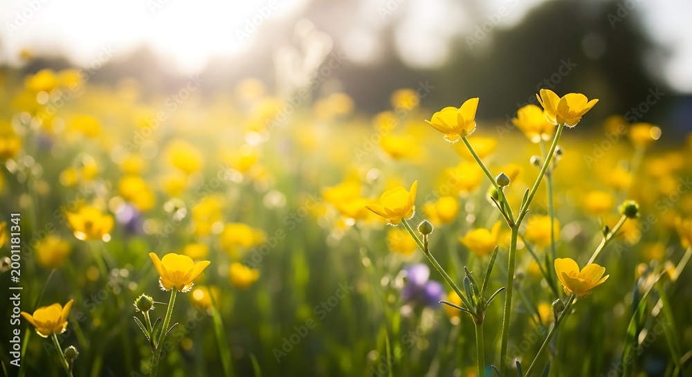 Obraz premium Vibrant yellow flowers in a lush green field with blurred background