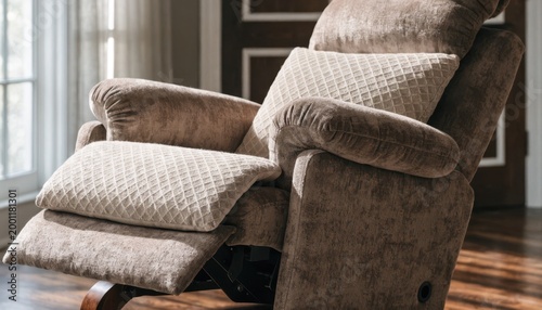 Medium frame showcasing the singlemotor recliners reclining backrest angle and cushioned seat background softly blurred for relaxation emphasis