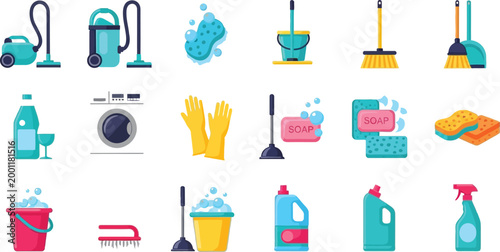 Colorful cleaning tools and supplies set Vector
