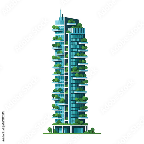 A tall minimalist skyscraper with integrated vertical gardens and trees on every balcony, symbolizing urban regeneration and biodiversity, palette of forest green and sky blue, white background,