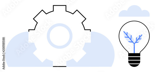 Innovation, technology, sustainability, eco-friendly energy, renewable resources, creativity. A gear, lightbulb with branches and clouds. Innovation and technology progress and environmental
