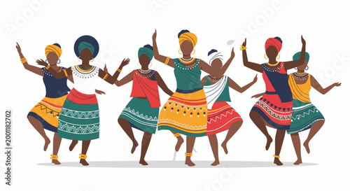Group of African Women Performing Traditional Folk Dance in Vibrant Ethnic Costumes.