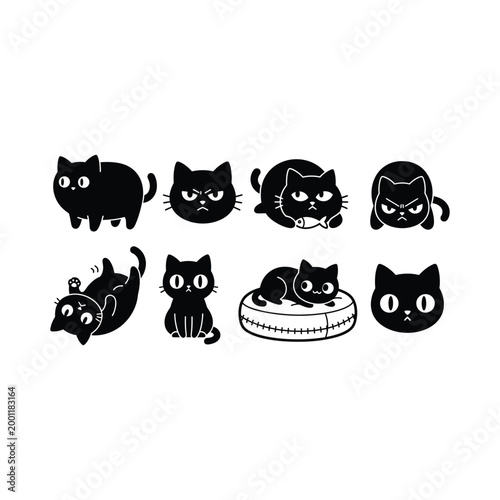 Foto Black cats are illustrated in various poses and expressions.