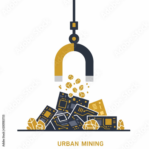 A minimalist vector graphic of gold and copper minerals being extracted from a pile of old computer circuit boards using a large magnet, representing urban mining, gold and dark slate grey