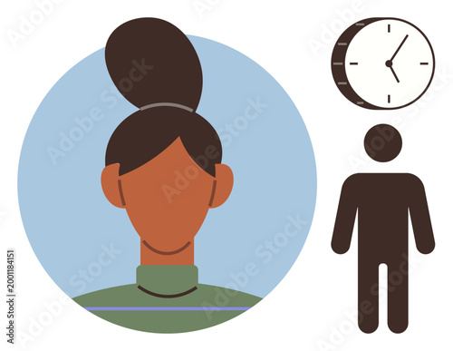 Time management, work-life balance, inclusivity, scheduling, identity, organization. A stylized woman?s portrait with a clock and gender-neutral person icon. Time management and work-life balance