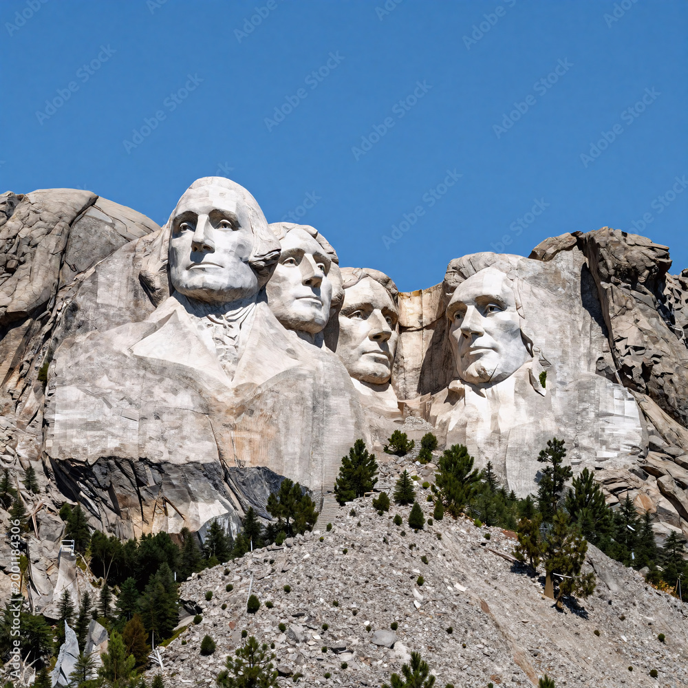 Obraz premium Papercraft Memorial Jefferson. The Black Hills Of South Dakota Serve As The Backdrop For A Digital Art Illustration Showcasing Mount Rushmore Memorial