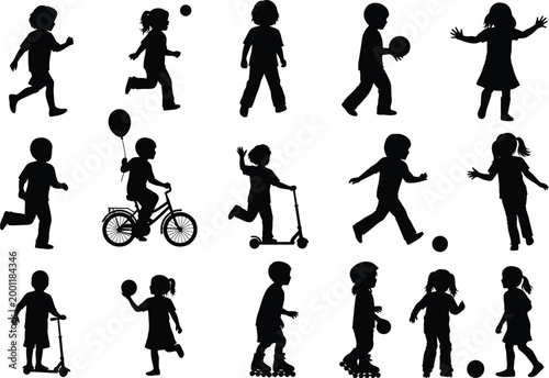 Silhouettes of children playing and engaging in various activities with white background flat design children childhood silhouette activity movement recreation energetic learning collection