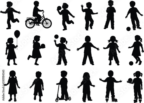 Collection of children's silhouettes engaged in active play and sports with white background flat design children silhouettes activity childhood movement recreation energetic learning
