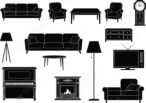 Living room furniture and decor collection silhouette with coffee table dining table grandfather clock floor lamp chest of drawers armchair television fireplace furniture interior silhouette