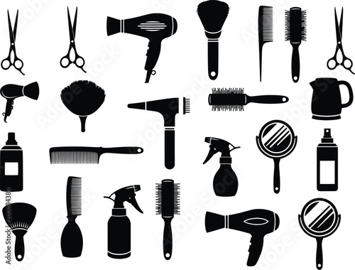 Assortment of hair salon equipment and tools silhouette with hair dryer hair brush spray bottle personal care equipment set hair tool black and white tool kit utility item scissors equipment