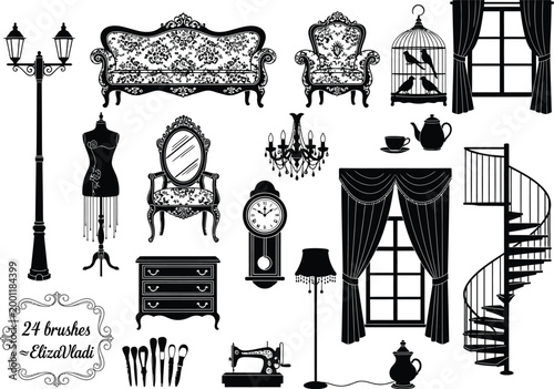 Antique home decor and furniture silhouette collection with grandfather clock sewing machine chest of drawers armchair chandelier curtains staircase birdcage mannequin furniture interior