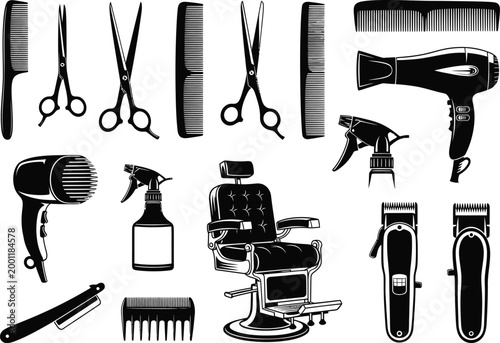 Barber shop tools and equipment silhouette collection with hair dryer spray bottle black and white hairdresser scissors equipment professional grooming silhouette illustration maintenance