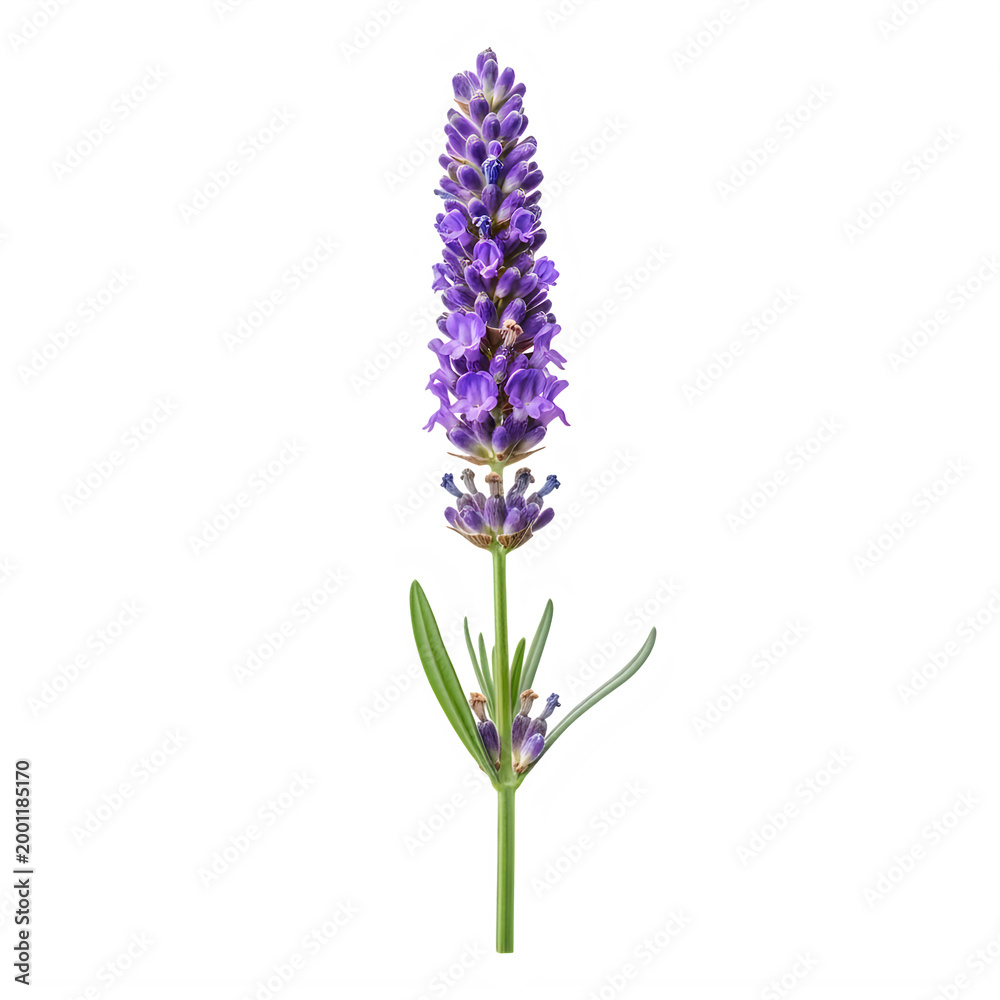Obraz premium A single stem of fragrant purple lavender flower showing detailed petals and green foliage leaves isolated on transparent background