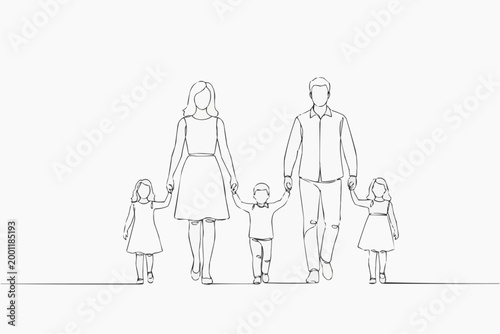 A family of five drawn with a continuous line art, symbol of togetherness. They are holding hands, walking forward together