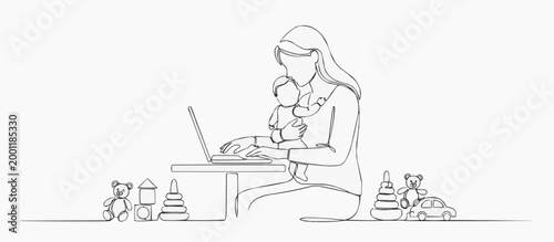 A mother multitasking, working with a baby in a work place setting, surrounded by toys