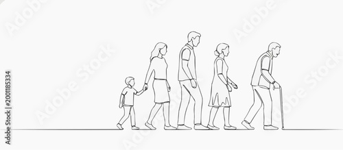 A continuous line art representation of a family progressing through the ages, symbolizing life's journey