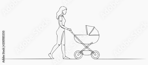 A mother taking a stroll with baby carriage drawn in single line
