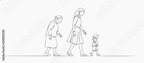 Generations of women walking together, hand-drawn illustration depicting a grandmother, mother, and child walking forward together. It symbolizes family, heritage, and the continuity of life