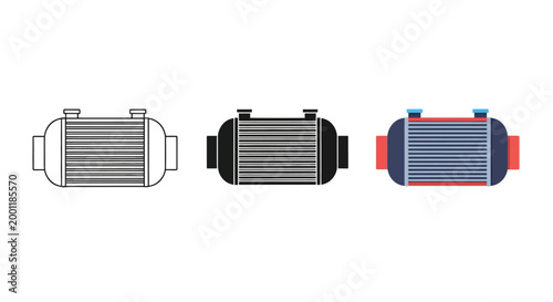 Automotive intercooler or heat exchanger vector illustration with outline silhouette and colorful flat design versions presented as a graphic symbol.