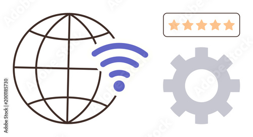 Digital communication, online services, global network, technology solutions, internet access, customer feedback. Globe with wireless signal, gear icon five-star rating. Digital communication