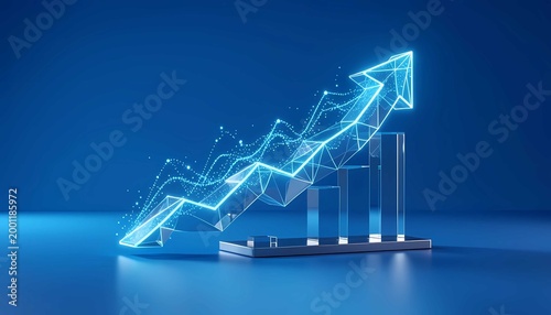 Digital investment ecosystem featuring geometric graph arrow and global market energy