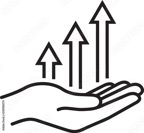 Hand nurturing upward growth arrows symbolizing progress and development