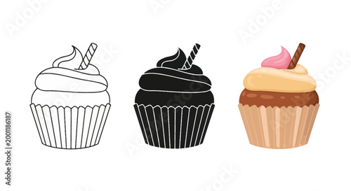 Three distinct styles of cupcake vector illustrations showcase outline, silhouette, and colorful designs for sweet treat graphic projects