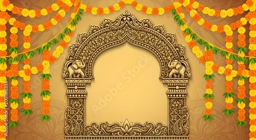 Ornate Gold Indian Temple Archway with Marigold Flower Garlands Decoration