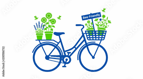 Vector illustration of a beefriendly bicycle with potted plants and bees