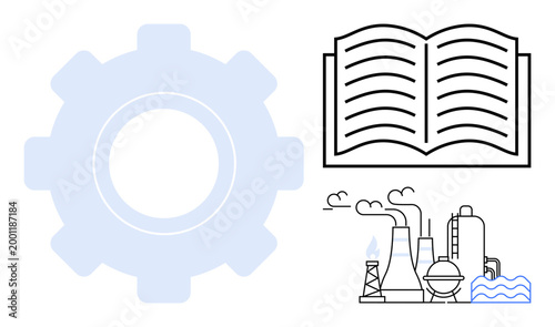 Education, industry, innovation, process design, knowledge sharing, technology concepts. Abstract gear, open book factory and industrial buildings. Education and industry idea visualization