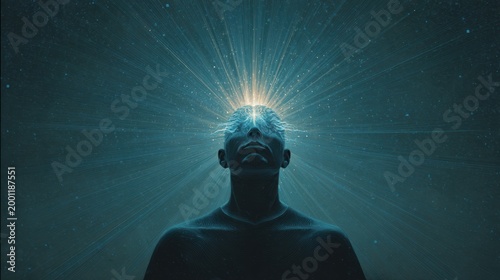Man with a glowing, illuminated brain surrounded by radiant light rays, representing enlightened thinking and mental power, in a dark, atmospheric setting